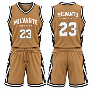 Conjunto de Uniforme de Baloncesto Personalizado Camel para Hombre |   Camiseta y Pantalones Cortos de Baloncesto Sublimados |   Uniforme de Baloncesto sin Mangas con Cuello en V - Product Image 1