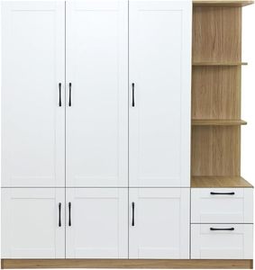 Armario de Madera de Tres Puertas |   Barra de Colgar Doble + Estante Lateral + 2 Cajones <span class=keywords><strong>para</strong></span> Gran Almacenamiento, Dormitorio/Vestidor Moderno - Product Image 1