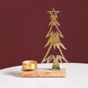 Juego de 2 Portavelas de Aluminio Fundido en Forma de Árbol de Navidad con Base de Madera de Mango - Product Image 1