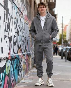 Men's Gray Hooded Tracksuit Full Sleeve Solid Color Casual <b>Zipper</b> Front 100% Cotton Breathable Regular Fit Autumn Wear - Product Image 3
