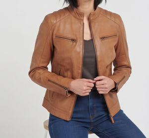 Women's Genuine Leather Moto <b>Jacket</b> Full Sleeve Stand Collar Zipper Closure <b>Biker</b> <b>Jackets</b> Chest Pocket Leather Racer <b>Jacket</b> - Product Image 4