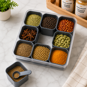 Premium Modern Machine 9-Grid Airtight Spice Organizer PET Eco-Friendly Dishwasher Safe Kitchen <b>Storage</b> Container with SPOONS - Product Image 4