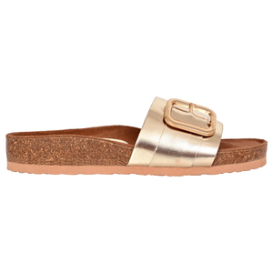 Metallic Gold Cork Platform Women's Shiny Leather Slide Slippers Summer Casual Beach Shoes Large Gold Buckle Breathable - Product Image 3