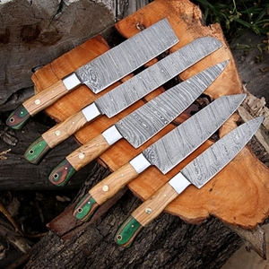 Ensemble de couteaux de chef professionnels de style japonais en 5 pièces, fabriqués à la main en acier carbone, manche en bois durable, multifonction - Product Image 6