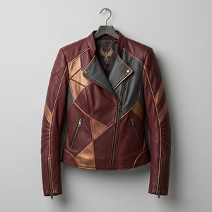 Blouson de moto en cuir pour homme, couleur bordeaux et or, avec fermeture éclair et design patchwork - Product Image 4