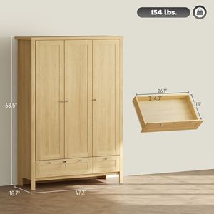 Armadio Salvaspazio a 3 Ante con Cassetti Bloccabili, Asta Appendiabiti e Ripiani Portaoggetti - Product Image 3