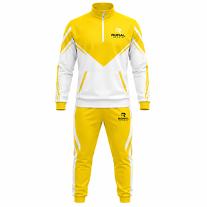RONAL SPORTS Men's Yellow White Color Blocking Tracksuit Full Sleeve Stand Collar Sporty Jogging <b>Suit</b> With Side Pockets - Product Image 1