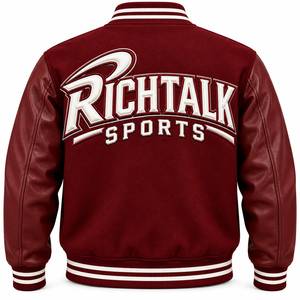 Chaqueta Varsity Marrón para Hombre, con Mangas de Cuero PU, Logotipo Bordado, Cuello Camisero, Corte Regular, Estilo Otoñal - Product Image 2