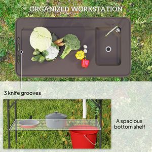 Tavolo Pieghevole Portatile per Pulizia Pesci con Lavello, Rubinetto, Tubo di Scarico, Spruzzatore e Ripiano per Campeggio, Colore Tan - Product Image 5
