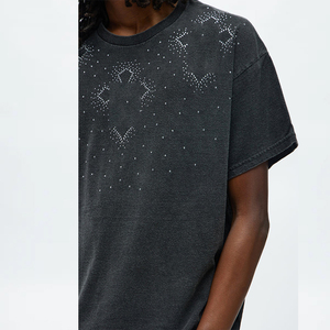 Customized High Quality Men's Acid Wash Denim <b>Rhinestone</b> T-Shirts Streetwear Retro Boxy Cozy Vintage Luxury <b>Tops</b> 100% Cotton - Product Image 4