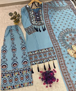 NUEVA COLECCIÓN: Conjunto de Muselina con Estampado Digital, Top, Pantalones Palazzo y Dupatta, Ropa Festiva, Precio al por Mayor, Prenda Étnica, Color Cielo - Product Image 5