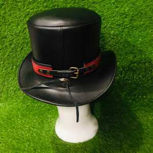Premium Quality Custom Handmade Unisex Black & Red Faux Leather <b>Top</b> Hat, Steampunk Cosplay - Product Image 5