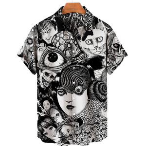 Chemise à manches courtes avec imprimé de personnages de films d'horreur multicolores, haut décontracté en coton pour Halloween - Product Image 6