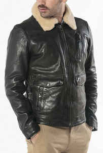 Men's Brown Genuine Leather Bomber Jacket Turn-down Collar Zipper Closure Faux Fur Lining Winter Moto Biker Style <b>Coat</b> - Product Image 6