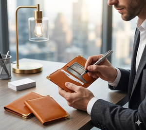 Tarjetero de Cuero Genuino Delgado para Hombre con Logotipo Personalizado Wriza, Diseño Liso, Multifuncional, con Esquinas Metálicas Doradas, Sin Cierre - Product Image 4