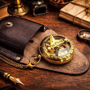 Pocket Polish MAGNESIA Sundial <b>Compass</b> Vintage Leather Case <b>Chain</b> Push Open 5.08 cm Steampunk Accessory Beautiful Gift - Product Image 3