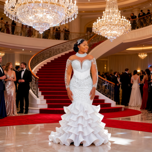 ชุดแต่งงานผู้หญิงดีไซน์ใหม่ สีขาว ผ้าลูกไม้ ยาวลากพื้น ไซส์พลัส แบบไม่มีแขน ทรงเมอร์เมด ผูกเชือกด้านหลัง ปรับแต่งได้ ประดับมุก หรูหรา - Product Image 5