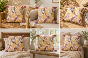 Housse de coussin de luxe à imprimé feuilles tropicales avec bords pompons faits à la main, décoration d'intérieur contemporaine, housse de coussin 100% lin - Product Image 2
