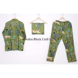 ชุดนอนผ้าฝ้ายลายดอกไม้ดีไซน์เรียบง่าย พิมพ์ลายป่าด้วยเทคนิคแฮนด์บล็อก สำหรับผู้หญิง ชุดนอนฤดูร้อนน้ำหนักเบา เหมาะสำหรับใส่นอน - Product Image 4