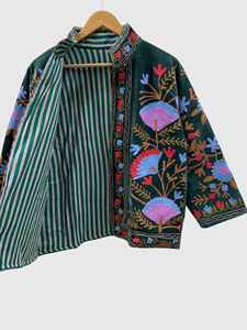 Chaqueta de Terciopelo con Bordado Floral a Mano, Cuello Mandarín, Manga Larga, Talla Grande, Abrigo de Otoño para Mujer, Estilo Prairie Chic - Product Image 4