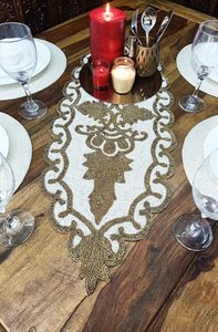 Embroidered Table <b>Runner</b> Floral Pattern Classic Style Beige Gold Home Decor <b>Washable</b> Hand Wash - Product Image 6