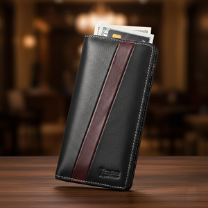 Cartera de Cuero Vacuno de Alta Calidad Hecha a Mano, Cartera Larga Negra Bifold de Cuero Genuino con Bolsillos para Tarjetas de Crédito para Hombre - Product Image 1