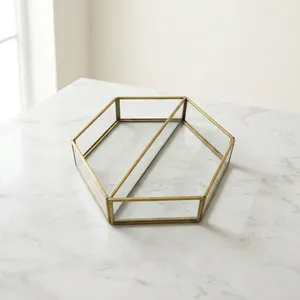 Bandeja Decorativa Hexagonal de Vidrio con Espejo, Lacada, Moderna y de Lujo, Diseño Artesanal, Organizador de Almacenamiento Metálico para Escritorio y Joyería - Product Image 4