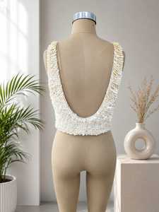Handmade White Shell <b>Sequin</b> & Feather Lace <b>Bodysuit</b> 100% Silk Sexy Club Swimwear Premium Quality - Product Image 3