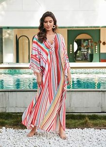 Robe Abaya Maxi Col V Manches Trois-Quarts Motif Rayé Coupe Ample Style Bohème Vêtement de Plage d'Été pour Femme en Polyester - Product Image 2
