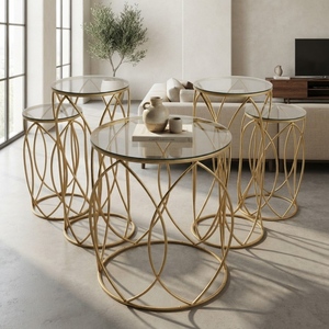 Modern Luxury <b>Gold</b> Metal Wire Frame Nested <b>Coffee</b> <b>Table</b> Set of 5 Round <b>Glass</b> Top Accent Side <b>Tables</b> Living Room Furniture - Product Image 2