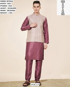 Bandhani Royal Blue <b>Silk</b> Men's Traditional <b>Kurta</b> Pajama with Designer Jacquard Nehru Jacket - Product Image 6
