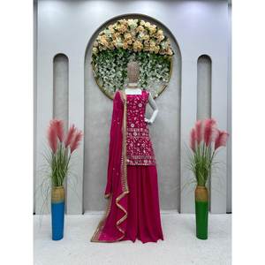 Hermoso Conjunto de Chifón Rosa Oscuro para Mujer, con Top, Pantalón y Dupatta, para Fiestas, Adornado con Hilos y Lentejuelas, Talla XL - Product Image 5