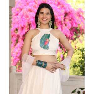 Maandvi pour ensemble Lehenga Choli en soie peinte à la main motif paon, taille XS, pour mariage, origine Rajasthan, toutes saisons - Product Image 4