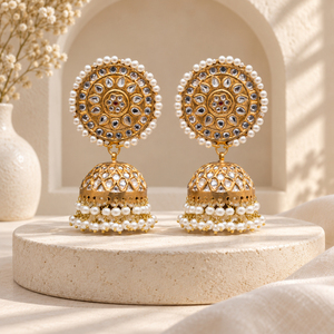 Pendientes Jhumka Redondos Chapados en Oro Estilo Kundan con Perlas de Imitación, Joyería Tradicional Pakistaní para Bodas, Venta al por Mayor de Fábrica - Product Image 3