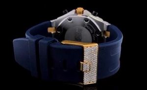 Montre chronographe de luxe sertie de moissanite, lunette dorée, pierres rondes pavées, bracelet en caoutchouc bleu - Product Image 3