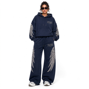 Conjunto Deportivo Vocksin para Mujer, Sudadera con Capucha Azul Marino con Diseño de Alas de Ángel, Corte Regular, 100% Algodón, Pantalones Anchos, Estilo Urbano Vintage - Product Image 1