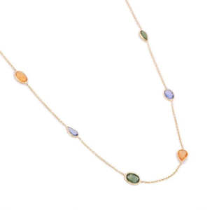 18K Yellow Gold Multi Sapphire Station <b>Necklace</b>-Classic Beaded <b>Chain</b> - Product Image 3