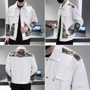 เสื้อแจ็คเก็ตบอมเบอร์ผู้ชาย ลายบล็อกสี กระดุมแถวเดียว ผ้าโพลีเอสเตอร์หนา สตรีทแวร์ลำลอง เสื้อคลุมฤดูใบไม้ร่วง สีม่วง ดำ ขาว - Product Image 2