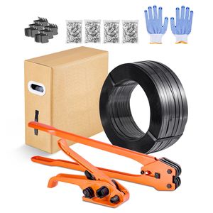 Kit Sigillatore Manuale per Imballaggi Pesanti con 600 Sigilli Metallici, 200 Protezioni Angolari e 2000 ft di Nastro in PET (Materiale PP/PA) - Product Image 1