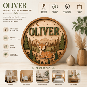 Letrero Personalizado con Nombre de Ciervo del Bosque |   Arte de Pared de Madera con Corte Láser Personalizado |   Decoración de Habitación Infantil con Temática Forestal, Nombre Rústico para Cuarto de Niños - Product Image 4
