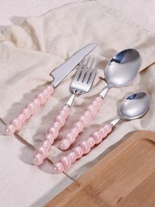 Ensemble de couverts en acier inoxydable avec manche perlé en résine rose, comprenant cuillère à dîner, fourchette, couteau, cuillère à café, ustensiles de cuisine et de table - Product Image 1