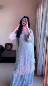 Ensemble Salwar Kameez pakistanais de luxe vert menthe 3 pièces, en Georgette, fortement brodé, avec Palazzo et Dupatta, idéal pour les fêtes, infroissable - Product Image 3