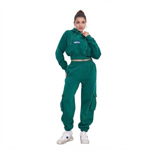 Women 2 Piece Green Fleece Hoodie Set Casual Loose Fit Full Sleeve Cargo <b>Pants</b> Letter Pattern Autumn <b>Thermal</b> Lined Knitted - Product Image 1