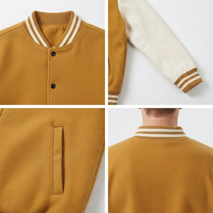 Chaqueta Varsity Personalizada al por Mayor para Hombre, Cuerpo de Lana, Mangas de Cuero PU, Chaqueta de Béisbol Letterman, Botones a Presión, Ribete Acanalado, Color Mostaza - Product Image 3