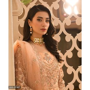 ชุดแม็กซี่ 3 ชิ้นสำหรับผู้หญิง เสื้อผ้าตาข่ายคาตัน ปักลายด้วยลูกปัดและงานฝีมือ  พร้อมกางเกงคาตันและผ้าคลุมตาข่าย สำหรับงานแต่งงาน/งานปาร์ตี้ - Product Image 6