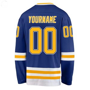Camiseta de Hockey sobre Hielo para Hombre, Azul, Amarillo y Blanco, Cuello de Béisbol, Manga Corta, Malla de Poliéster, Personalizada con el Logotipo del Equipo, Impresión 3D por Transferencia de Calor - Product Image 4
