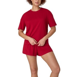 Women's Coral 2-Piece <b>Knitted</b> <b>Set</b> Short Sleeve Top With Above Knee Shorts Solid Crew Neck Loose Fit Breathable Spring Summer - Product Image 2