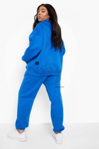 Women Plus Size Blue Hooded Tracksuit Set Casual Full Sleeve Joggers With Pockets Autumn Solid Color Cotton Sweatshirt <b>Pants</b> - Product Image 4