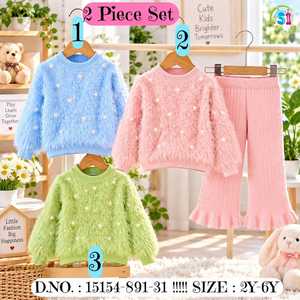 Children's 2-Piece Polyester Knit Sweater Set with Faux <b>Fur</b> <b>Trim</b> in Pink Green Blue Sizes 2Y-6Y - Product Image 4