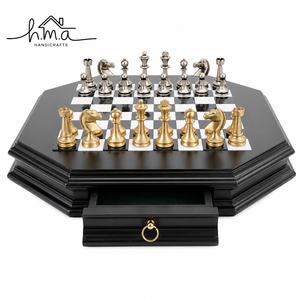 Luxury Brass <b>Chess</b> Set with Silver and Black Glossy Pieces Wooden Folding Square <b>Chess</b> <b>Board</b> with Storage Handle - Product Image 2